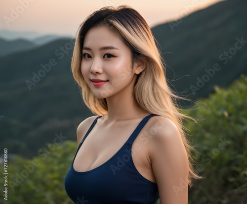 asian woman with long hair and a blue top posing for a picture in front of a mountain range 
