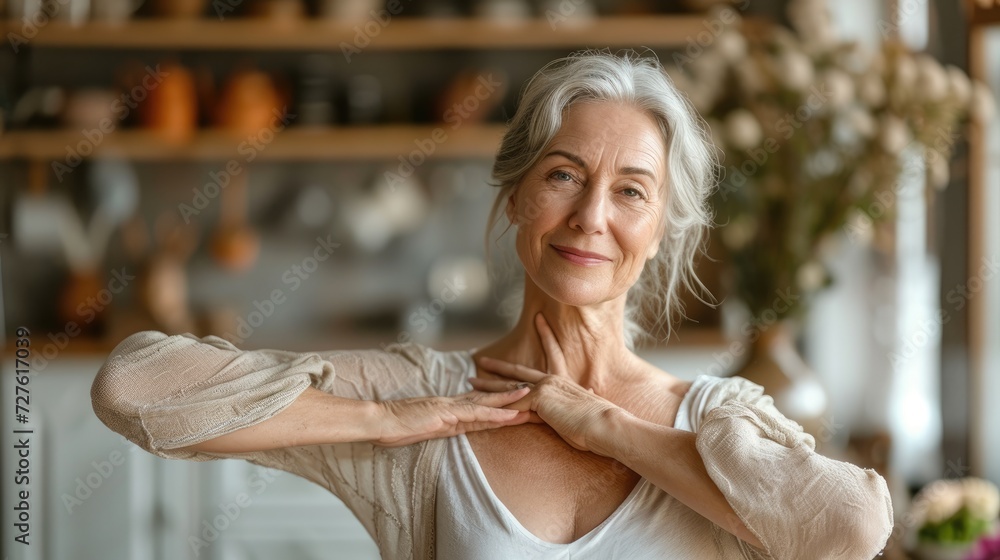 A happy elderly woman exercising her shoulders at home with green blurry backdrop with trees, Generative AI. A happy elderly woman exercising her shoulders at home with green blurry backdrop with trees, Generative AI.