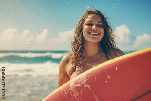 Portrait of a healthy woman doing surfing in summer day with water splashes and empty space, Generative AI © MinixT