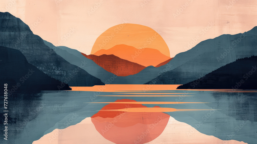 Illustration of a harmonious sunset on a calm lake with minimalist mountain contours, modern monochrome style