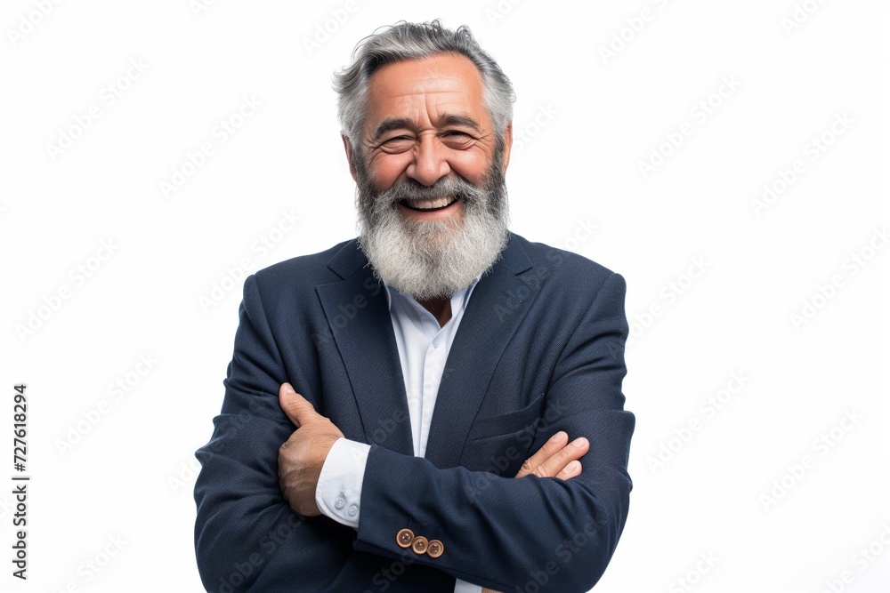 Happy laughing old bearded business man leader executive, smiling senior confident professional businessman wearing suit standing arms crossed isolated on white background Happy laughing old bearded business man leader executive, smiling senior confident professional businessman wearing suit standing arms crossed isolated on white background