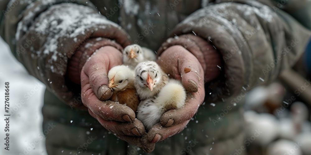 Gentle hands cradle small bird chicks in winter. a moment of compassion and care. natural scene with a human touch. protecting wildlife in cold. AI