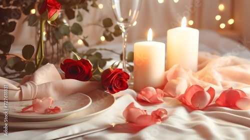 Valentine day, white and red roses laying next candles in soft candle light