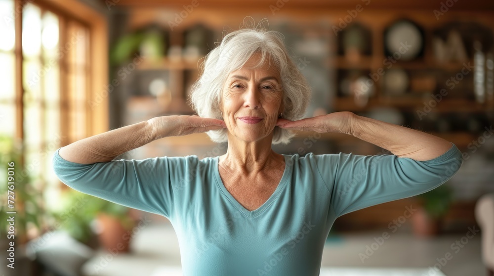 A happy elderly woman exercising her shoulders at home with green blurry backdrop with trees, Generative AI. A happy elderly woman exercising her shoulders at home with green blurry backdrop with trees, Generative AI.