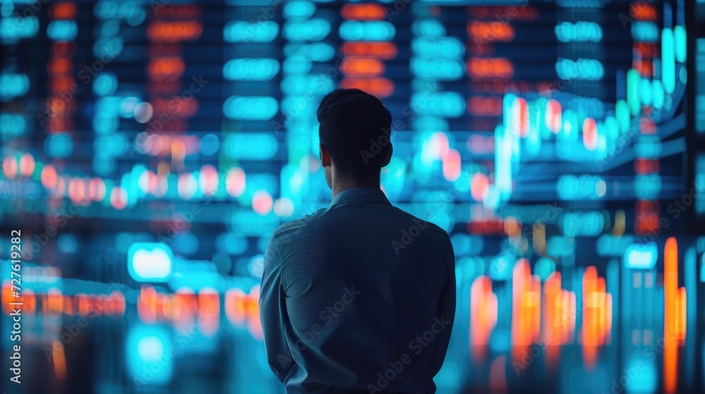 A man standing in front of a red and green share market lines with empty space, Generative AI. A man standing in front of a red and green share market lines with empty space, Generative AI.