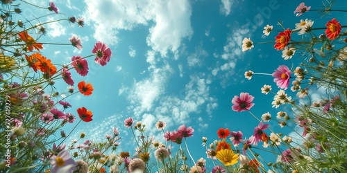 Colorful wildflowers reaching towards a blue sky on a sunny day. vibrant nature scenery, ideal for background or wallpaper. AI