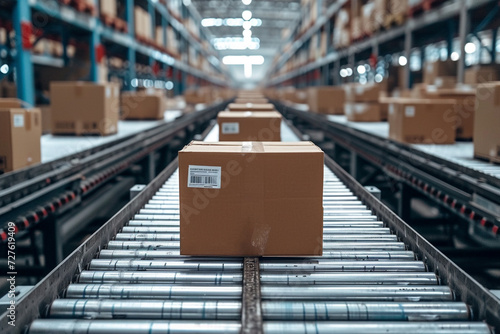 conveyor belt in a distribution warehouse with row of cardboard box packages for e-commerce delivery and automated logistics concepts as wide banner with copysapce area © NOTE OMG