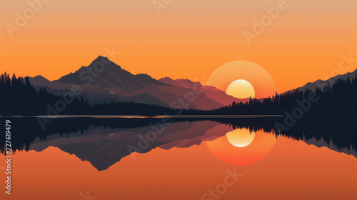 Illustration of a harmonious sunset on a calm lake with minimalist mountain contours, modern monochrome style