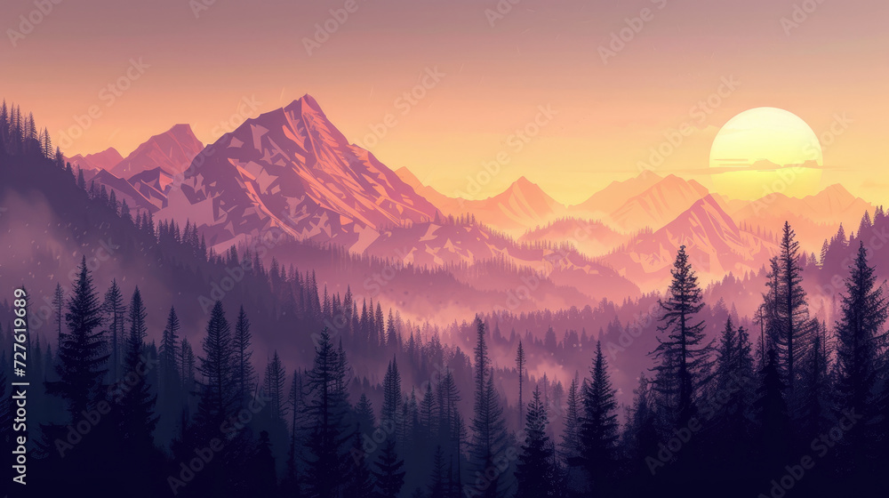 Illustration of a serene sunset shining over a pine forest and mountains in modern monochrome style