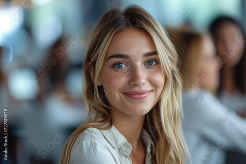 Portrait of happy businesswoman talking to her collogues in office cafe with empty space, Generative AI.