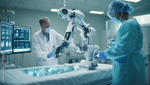 Medical professional and a robotic surgical system in an operating room. photo