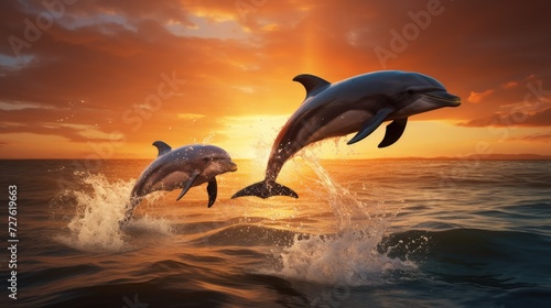Two beautiful dolphins jump over the rising waves. Marine animals in their natural habitat. © Cherkasova Alie