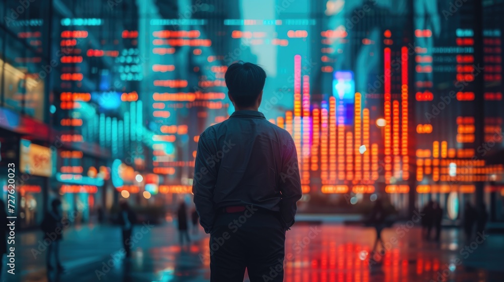 A man standing in front of a red and green share market lines with empty space, Generative AI. A man standing in front of a red and green share market lines with empty space, Generative AI.