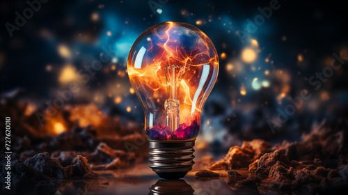 Colorful Bulb Explosion with Dust Particles And Glowing Lights in Dark Blurred Background. Creativity and Brainstorming 