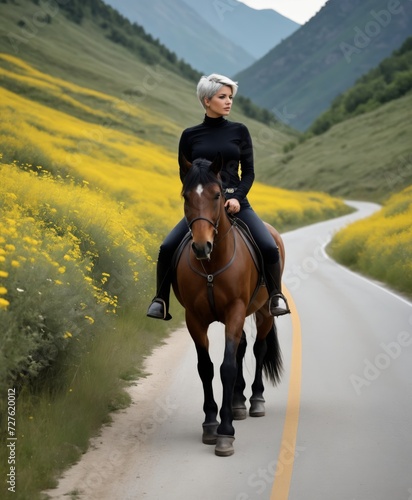 a woman riding a horse down a dirt road on a field of yellow flowers © Portrait sensual
