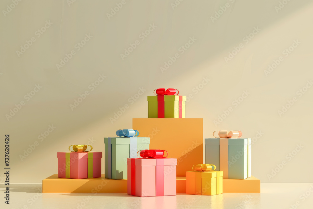 Gift boxes in pastel colors with golden ribbons.
Gift boxes in pastel colors with golden ribbons.