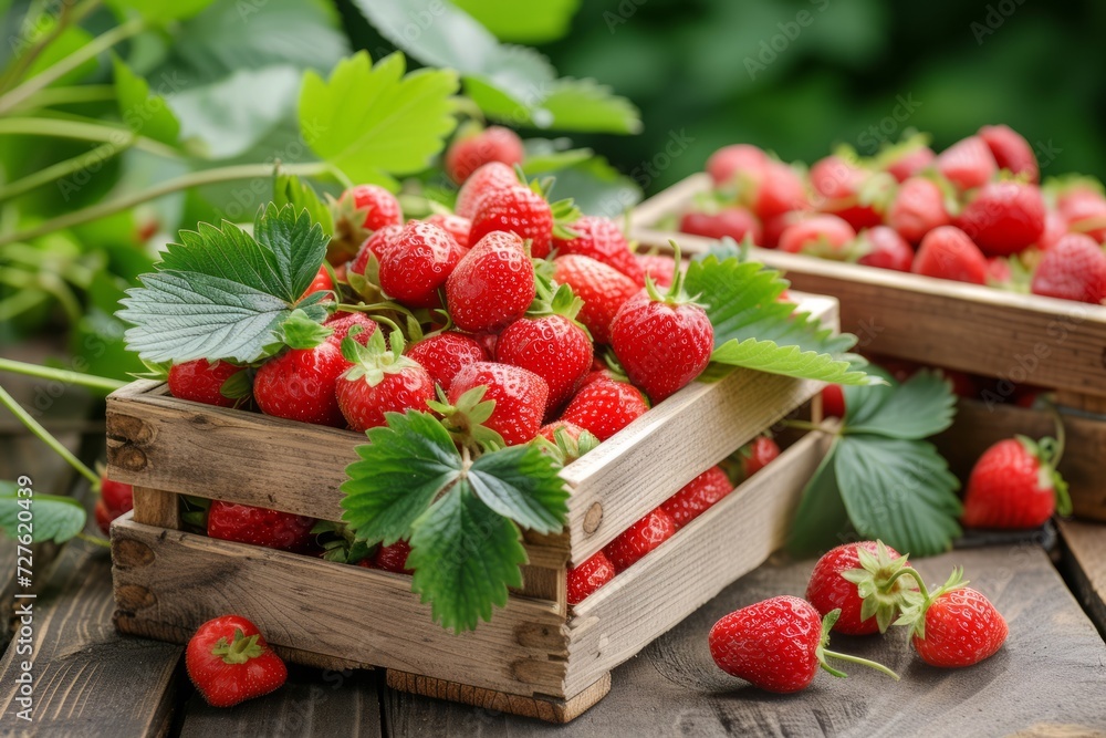 Juicy fresh strawberries in a wooden box on a wooden background, summer berries. Juicy fresh strawberries in a wooden box on a wooden background, summer berries.