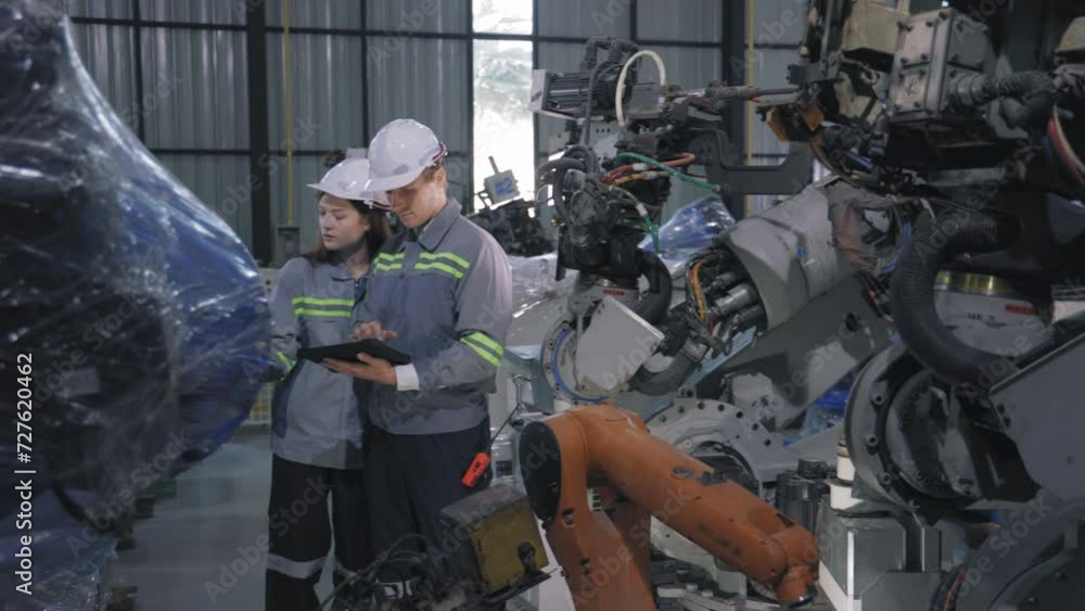 Caucasian Engineer Examining Automated Robotic Arm Caucasian Engineer Examining Automated Robotic Arm