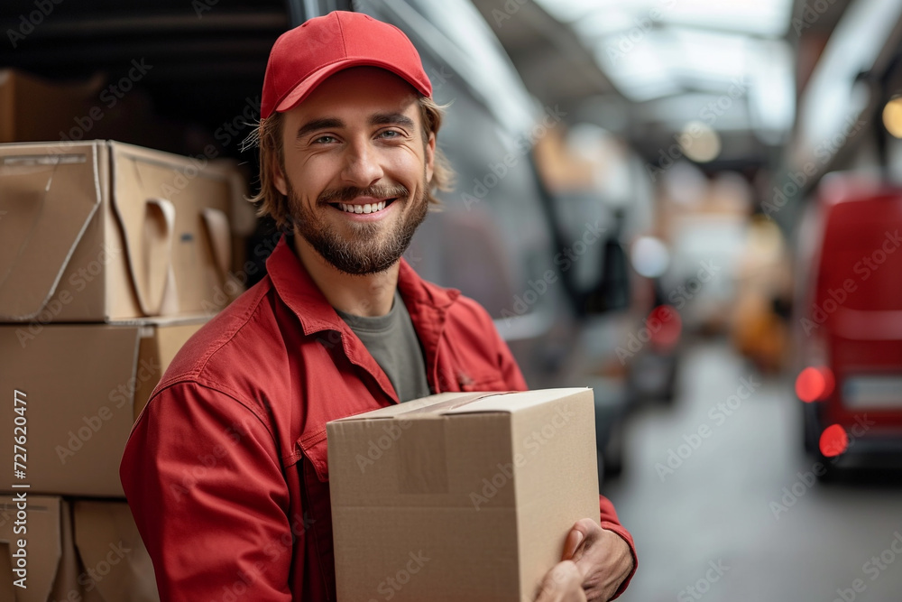 Smiling worker holding parcel in warehouse Smiling worker holding parcel in warehouse