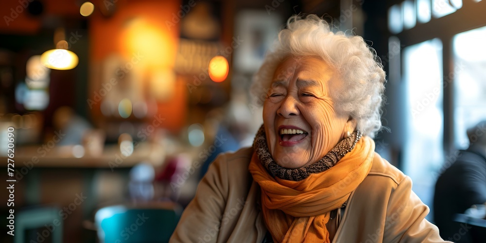 Elderly woman laughing joyfully in a cozy cafe setting. candid portrait of happiness and positive aging. captured moment of genuine emotion. lifestyle imagery. AI