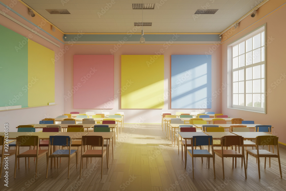 Classroom with colorful chairs and gradient walls.
