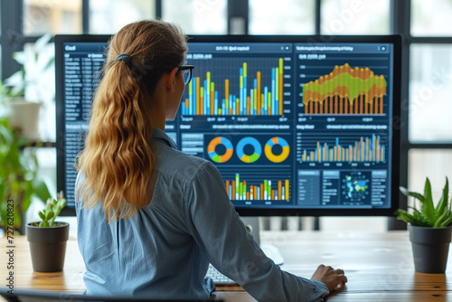 Documentary-style stock photo of financial data analysis, featuring graphs and statistics, office setting, and business people