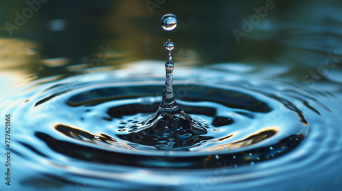 A single water droplet creates ripples on a serene, blue water surface.