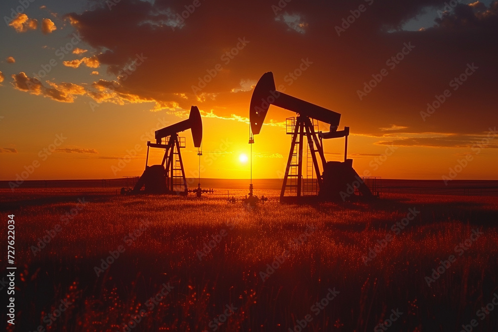 Sunset silhouette of an oil pump in a field
