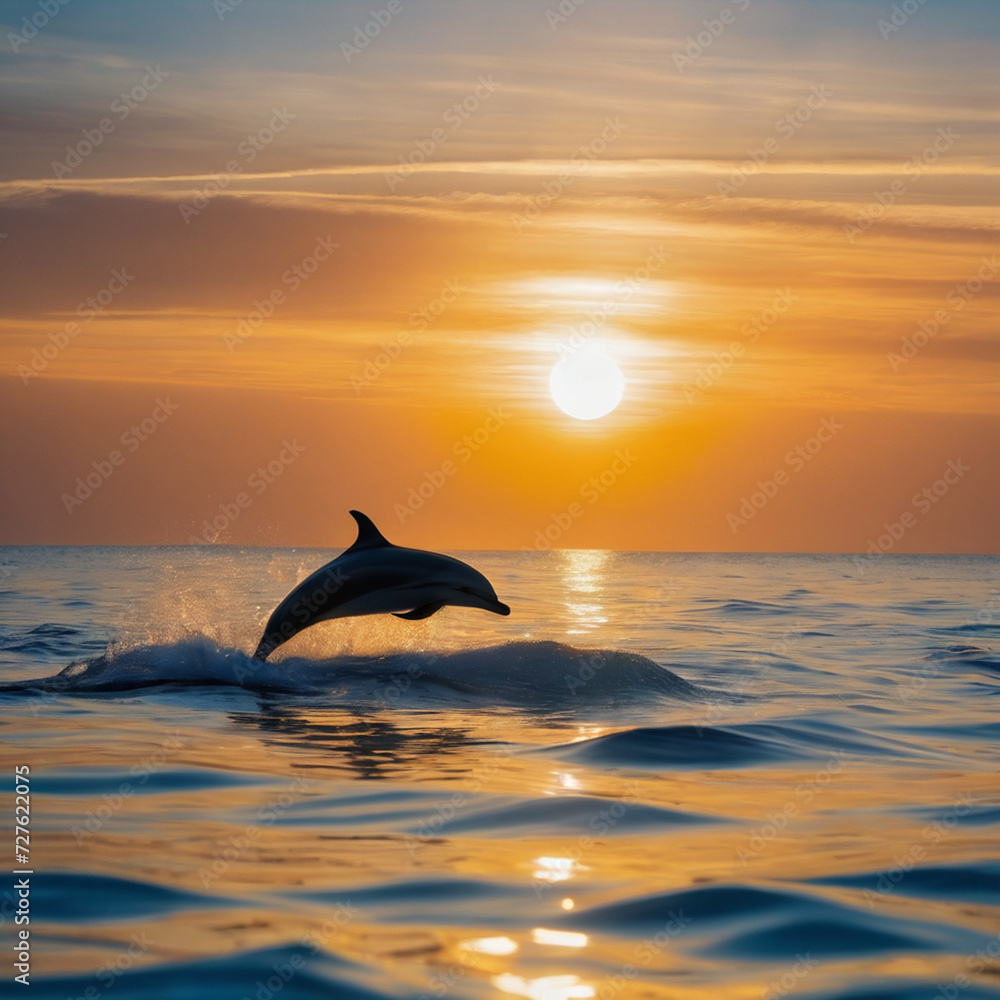 Fototapeta premium A fish is diving in the ocean in front of the sun