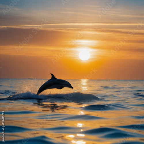 A fish is diving in the ocean in front of the sun