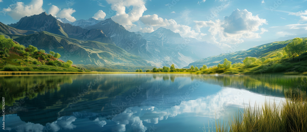 Fototapeta premium Mountain reflection on a calm lake at sunrise. 