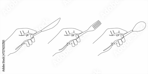 continuous line of hands holding spoon, fork and knife