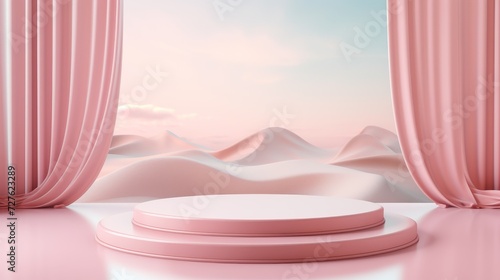 Make an abstract platform, waving curtains. Realistic pastel color mockup for product promotion, new with Mty podium. photo