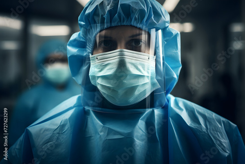 An image of a surgeon in full personal protective equipment, including , gloves, mask, and face shield