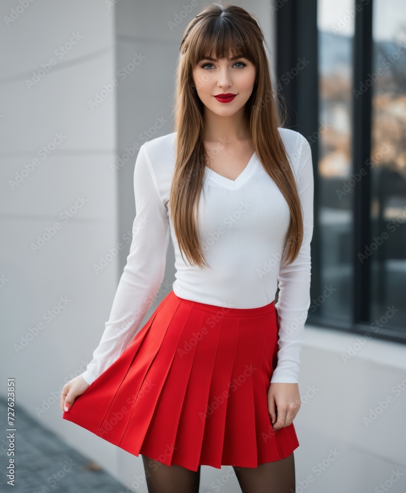 a woman in a red skirt and white top posing for a picture 