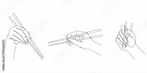 Image of one continuous line of hands holding chopsticks icon in silhouette on white background. Linear style.