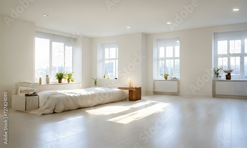                                                  empty room. Light shines in. white wall. Generative AI