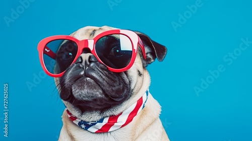 Pug dog wearing sunglasses fashion portrait on solid pastel background. 4th of July USA Independence Day. presentation. advertisement. invite invitation. copy text space.