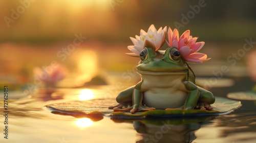 Zen Frog on Lilypad at Sunset with Water Lilies