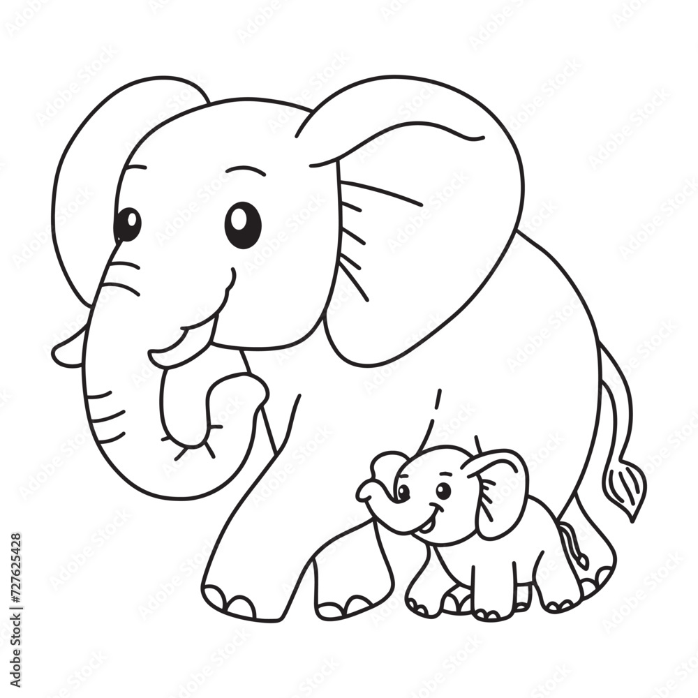 Line art of elephant mother and her baby walking together vector