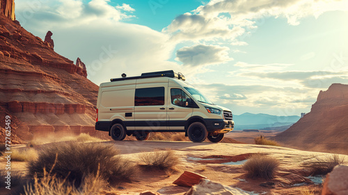 An off-road campervan traveling in nature on a canyon path for a road trip to adventure and freedom photo