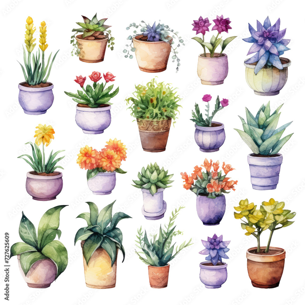 Set of flowers and plants in pots watercolor Set of flowers and plants in pots watercolor