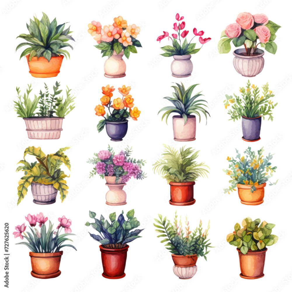 Set of flowers and plants in pots watercolor