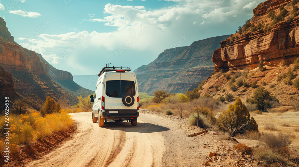 An off-road campervan traveling in nature on a canyon path for a road trip to adventure and freedom