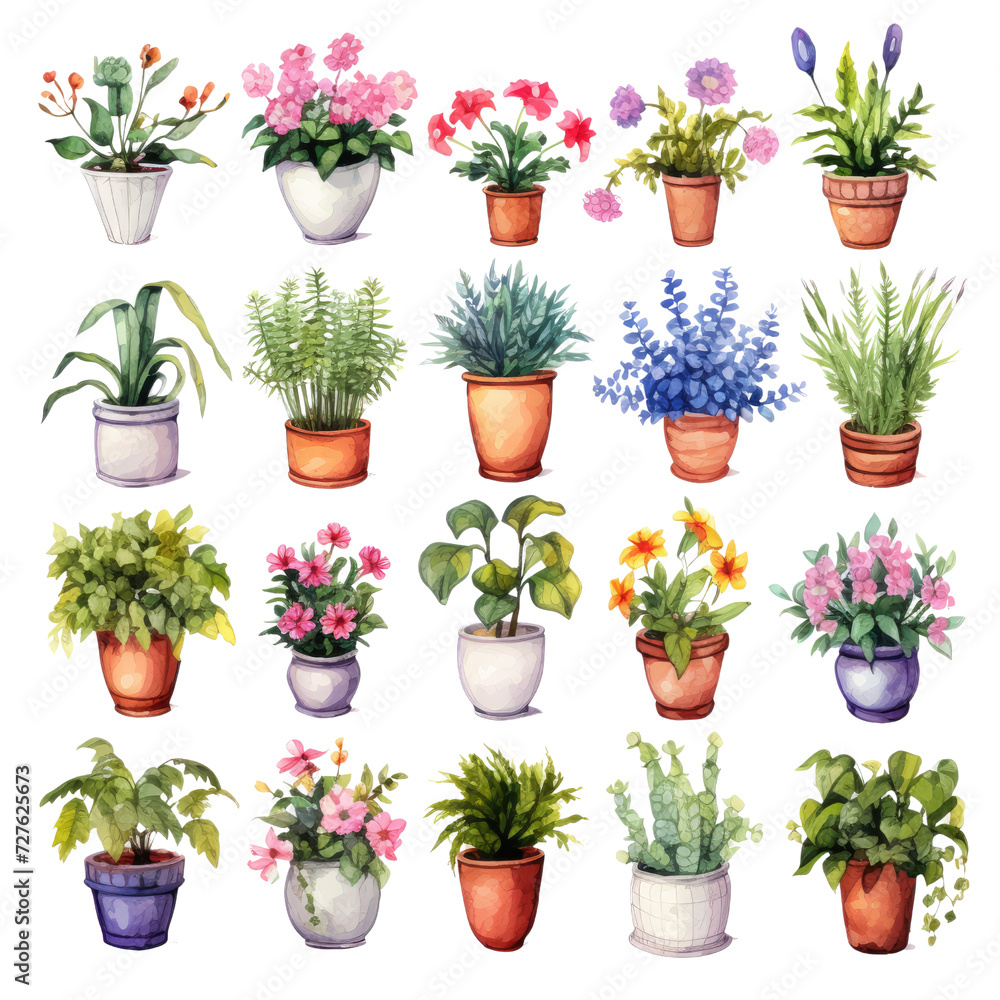 Fototapeta premium Set of flowers and plants in pots watercolor