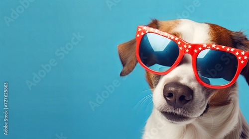 Dog wearing sunglasses fashion portrait on solid pastel background. 4th of July USA Independence Day. presentation. advertisement. invite invitation. copy text space.