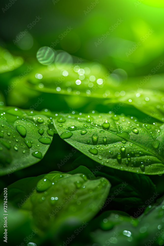 A close-up photo of a hydroponic vertical farm, detailed view of water droplets on vibrant green leaves, nutrient-rich water in the background, Generative AI A close-up photo of a hydroponic vertical farm, detailed view of water droplets on vibrant green leaves, nutrient-rich water in the background, Generative AI