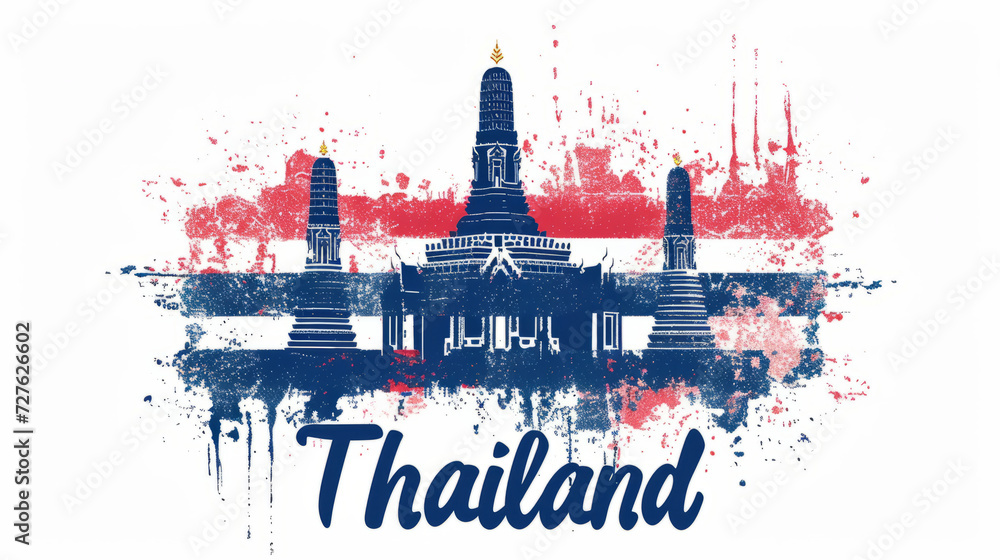 Obraz premium Travel to Thailand country illustration background with a mix of Thai flag colors and architecture of Thailand isolated on white backdrop