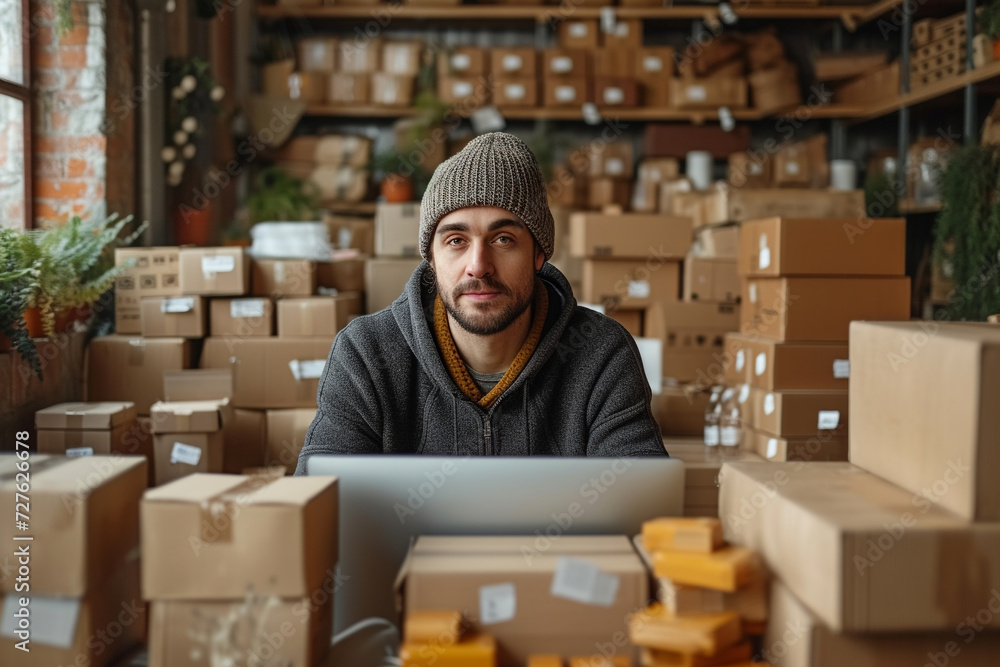 In a bustling warehouse, people, including a smiling man and a woman, work together The atmosphere suggests a mix of business and cafe vibes, with individuals standing, sitting, and engaged in various In a bustling warehouse, people, including a smiling man and a woman, work together The atmosphere suggests a mix of business and cafe vibes, with individuals standing, sitting, and engaged in various