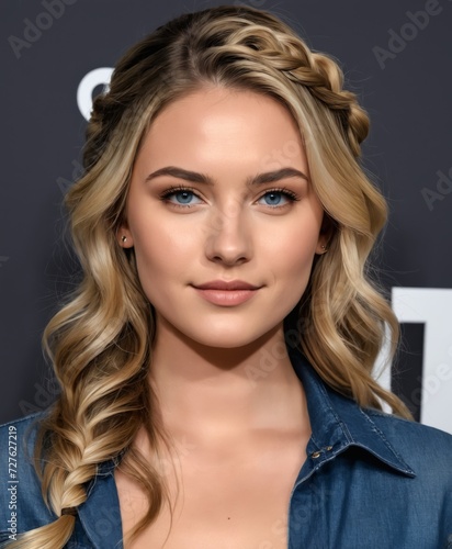 a young woman with fair skin and a delicate braid over one shoulder, featuring blonde highlights on a darker base